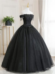 Yellow Dress, Black Tulle Off Shoulder Lace Long Prom Dress, Black Evening Dress