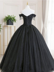 Black Tie Wedding Guest Dress, Black Tulle Off Shoulder Lace Long Prom Dress, Black Evening Dress