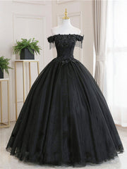 Fairy Dress, Black Tulle Off Shoulder Lace Long Prom Dress, Black Evening Dress