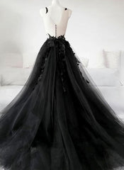 Evening Dress Suit, Black Tulle Party Dress with Lace Long Prom Dress, Pretty Black Evening Dress