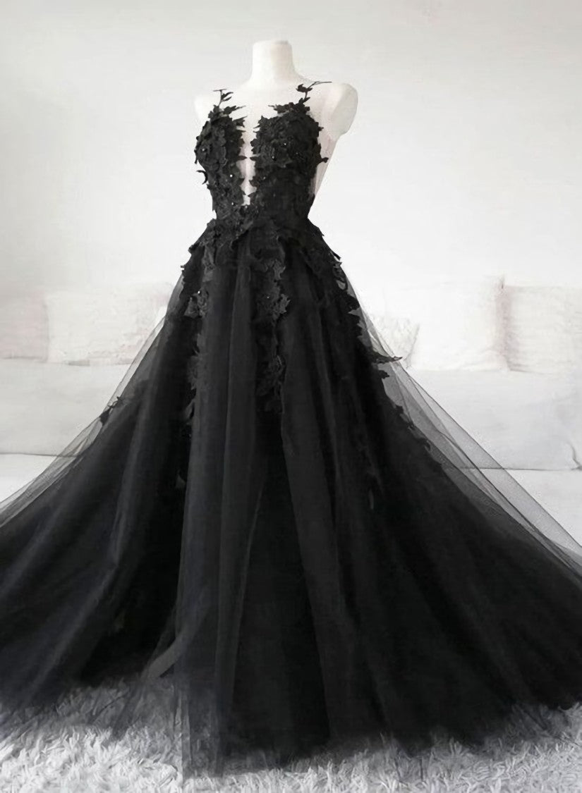 Evening Dress With Sleeves Uk, Black Tulle Party Dress with Lace Long Prom Dress, Pretty Black Evening Dress