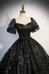 Bridesmaid Dresses Gold, Black Tulle Sequins Long Prom Dress, A-Line Short Sleeve Formal Evening Gown