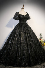 Bridesmaid Dress Gold, Black Tulle Sequins Long Prom Dress, A-Line Short Sleeve Formal Evening Gown