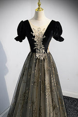 Homecomeing Dresses Vintage, Black Tulle Sequins Long Prom Dress, Black A-Line Formal Evening Dress