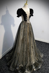 Homecomming Dresses Vintage, Black Tulle Sequins Long Prom Dress, Black A-Line Formal Evening Dress