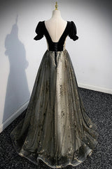 Homecomming Dress Vintage, Black Tulle Sequins Long Prom Dress, Black A-Line Formal Evening Dress