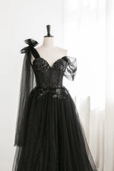 Homecomming Dresses Long, Black Tulle Sequins Long Prom Dress, Black One Shoulder Evening Dress