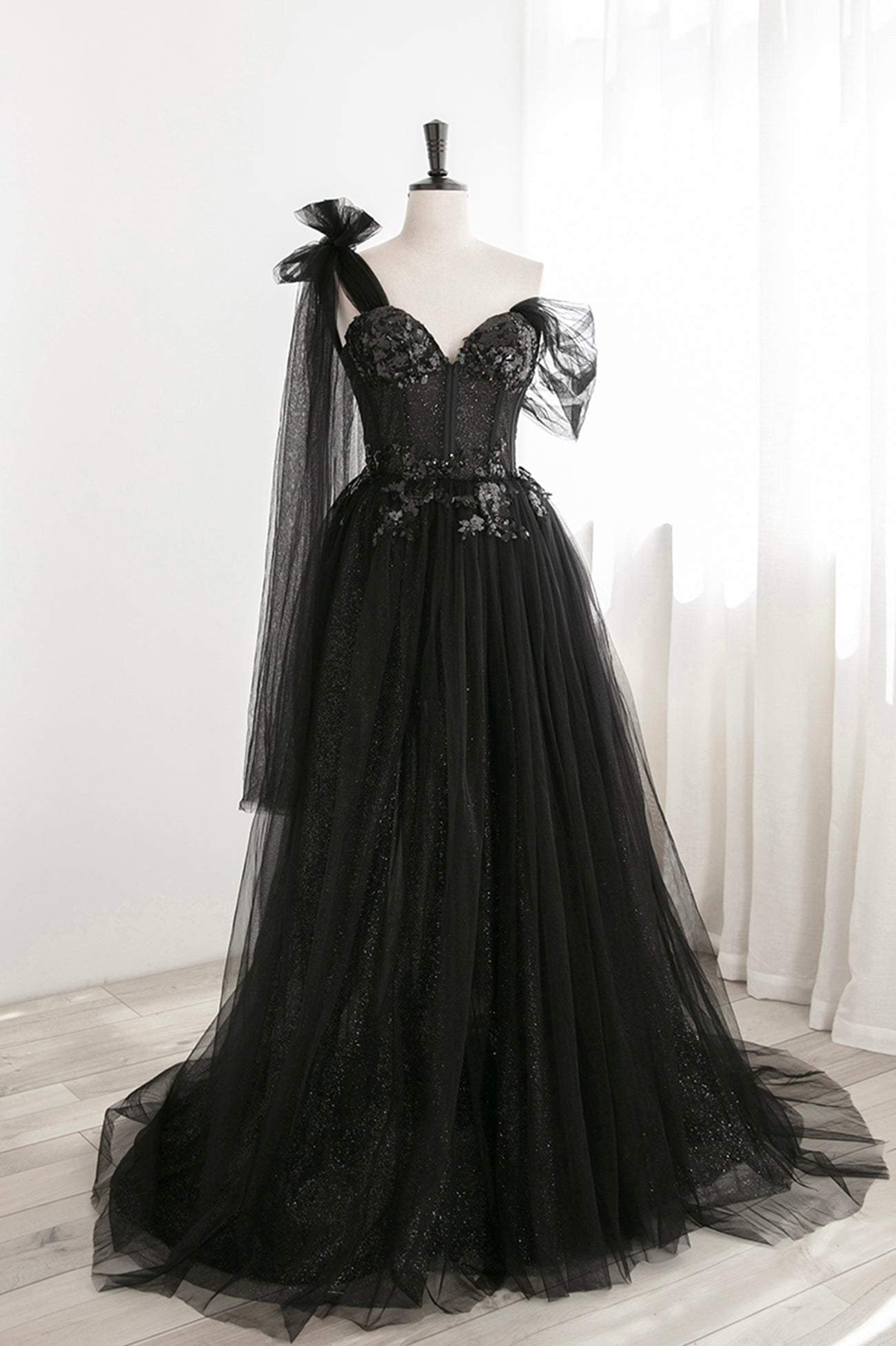 Homecomeing Dresses Long, Black Tulle Sequins Long Prom Dress, Black One Shoulder Evening Dress