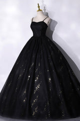 Prom Dress Inspo, Black Tulle Sequins Long Prom Dress, Black Spaghetti Straps Evening Dress