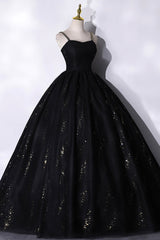 Prom Dress Trends For The Season, Black Tulle Sequins Long Prom Dress, Black Spaghetti Straps Evening Dress