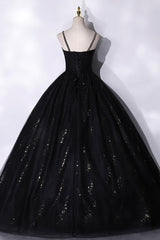 Prom Dresses Different, Black Tulle Sequins Long Prom Dress, Black Spaghetti Straps Evening Dress