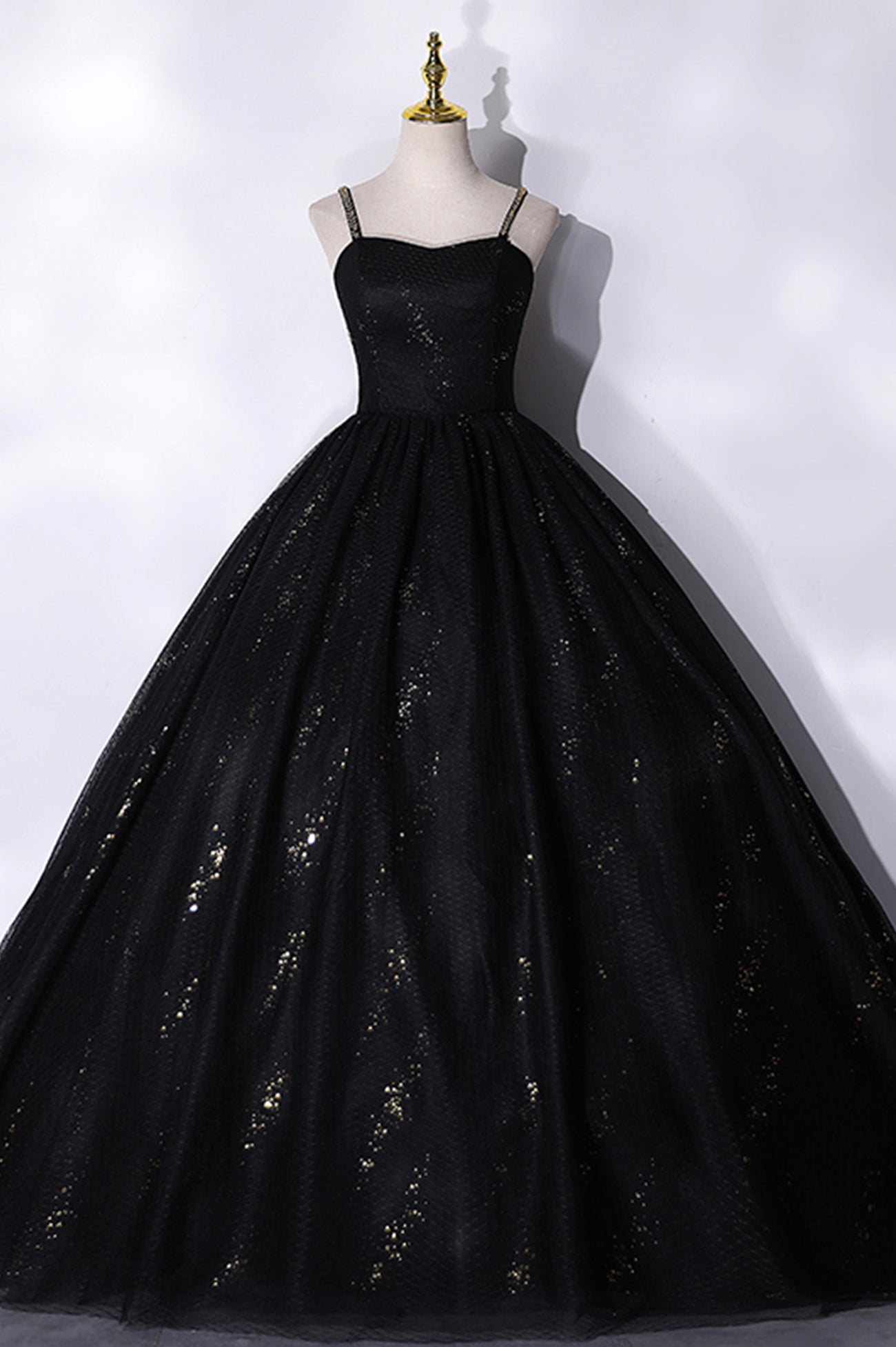 Prom Dresses Princess, Black Tulle Sequins Long Prom Dress, Black Spaghetti Straps Evening Dress