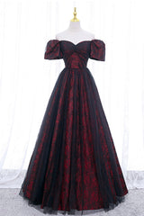 Formal Dresses Floral, Black Tulle Short Sleeve Formal Evening Dress, Off the Shoulder Prom Dress