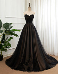 Party Dress Short Tight, Black Tulle Sweetheart A-line Formal Dress with Lace, Black Long Prom Dress