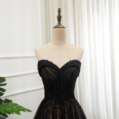 Party Dresses Short Tight, Black Tulle Sweetheart A-line Formal Dress with Lace, Black Long Prom Dress