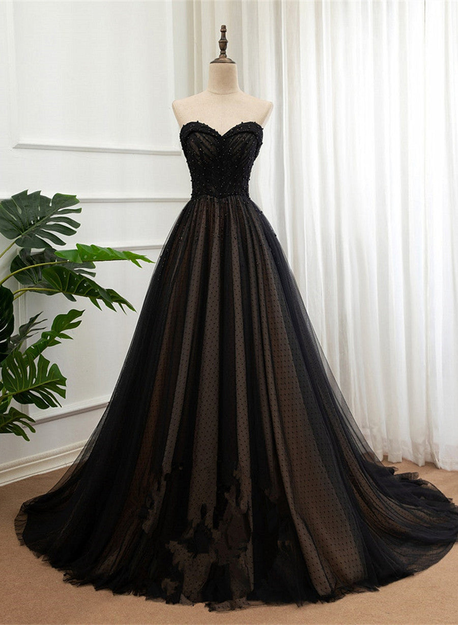 Dinner Outfit, Black Tulle Sweetheart A-line Formal Dress with Lace, Black Long Prom Dress