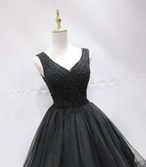 Party Dress Outfits, Black Tulle V Back Beaded Knee Length Homecoming Dress, Black Short Party Dress