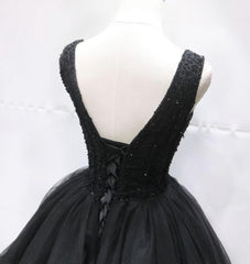 Party Dresses Cheap, Black Tulle V Back Beaded Knee Length Homecoming Dress, Black Short Party Dress