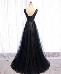 Prom Dresses Under 62, Black V Neck Tulle Lace Long Prom Dress Black Evening Dress