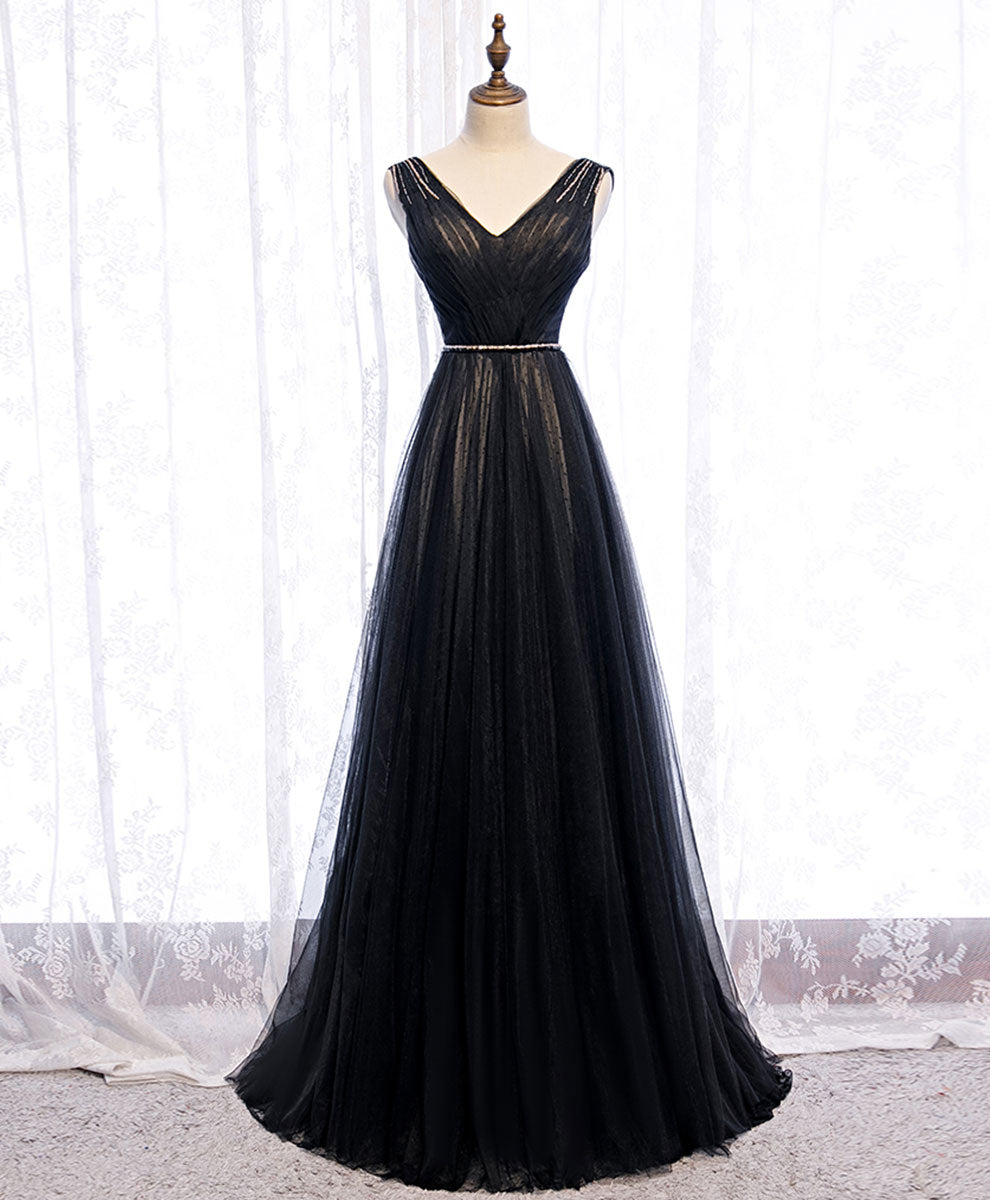 Prom Dresses Classy, Black V Neck Tulle Lace Long Prom Dress Black Evening Dress