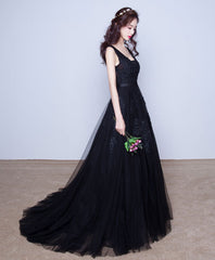 Bridesmaid Dresses Mismatched Colors, Black V Neck Tulle Lace Prom Dress, Lace Evening Dress