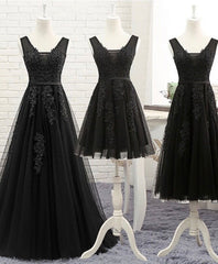 Bridesmaid Dress 2047, Black V Neck Tulle Lace Prom Dress, Lace Evening Dress