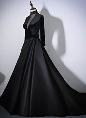 Boho Dress, Black Velvet and Satin Long Sleeves See Through Back Formal Dress, Black Evening Dress