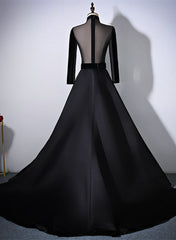 Formal, Black Velvet and Satin Long Sleeves See Through Back Formal Dress, Black Evening Dress