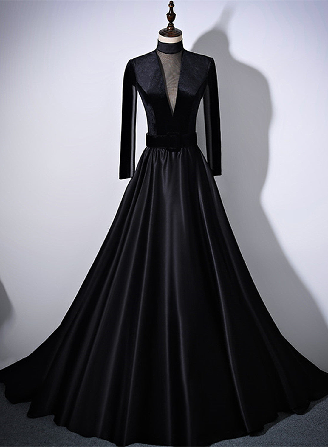 Semi Formal Outfit, Black Velvet and Satin Long Sleeves See Through Back Formal Dress, Black Evening Dress