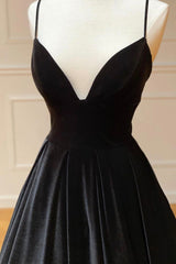 Bridesmaid Dress Style, Black Velvet Long A-Line Prom Dress, V-Neck Backless Evening Formal Dress