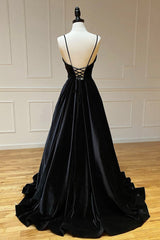 Bridesmaid Dresses Styles, Black Velvet Long A-Line Prom Dress, V-Neck Backless Evening Formal Dress