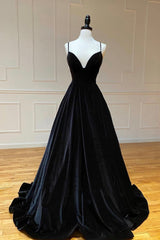 Bridesmaid Dress Stylee, Black Velvet Long A-Line Prom Dress, V-Neck Backless Evening Formal Dress