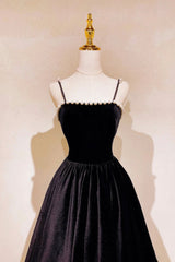 Prom Dresses 2023, Black Velvet Long Prom Dress with Pearls, Black Spaghetti Straps Evening Party Dress