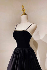 Prom Dresses For Blondes, Black Velvet Long Prom Dress with Pearls, Black Spaghetti Straps Evening Party Dress