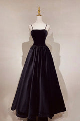 Prom Dresses For Warm Weather, Black Velvet Long Prom Dress with Pearls, Black Spaghetti Straps Evening Party Dress
