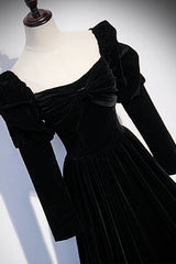 Bridesmaid Dress Wedding, Black Velvet Long Sleeve Prom Dress, A-Line Evening Party Dress