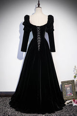 Bridesmaid Dresses Weddings, Black Velvet Long Sleeve Prom Dress, A-Line Evening Party Dress
