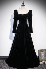 Bridesmaid Dresses Blue, Black Velvet Long Sleeve Prom Dress, A-Line Evening Party Dress
