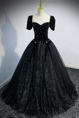 Homecoming Dress Short Prom, Black Velvet Tulle Long Ball Gown, Black A-Line Formal Evening Gown