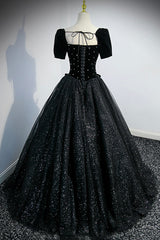 Homecoming Dresses Vintage, Black Velvet Tulle Long Ball Gown, Black A-Line Formal Evening Gown