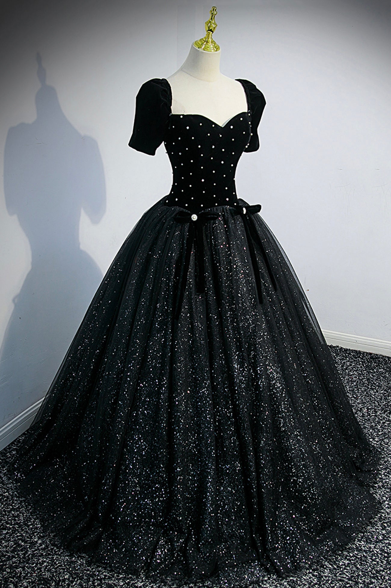 Homecoming Dresses Short Prom, Black Velvet Tulle Long Ball Gown, Black A-Line Formal Evening Gown