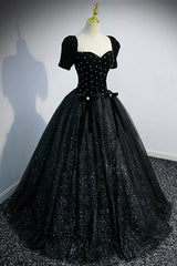 Homecoming Dresses Short Prom, Black Velvet Tulle Long Ball Gown, Black A-Line Formal Evening Gown