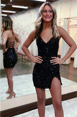 Prom Dress Curvy, Sparkly Spaghetti Straps V Neck Sequins Short Homecoming Dresses