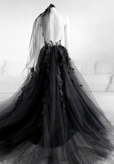 Bridesmaids Dresses Fall Wedding, Black Lace Long Prom Dress, A-Line Backless Evening Dress