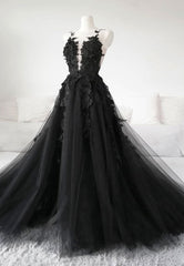 Bridesmaid Dresses Beach Weddings, Black Tulle Lace Long Prom Dress, Black Formal Graduation Dress