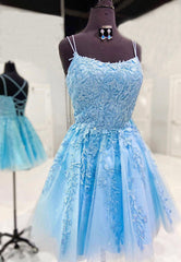 Winter Dress, Blue Tulle Short Prom Dresses, A-Line Lace Evening Dresses