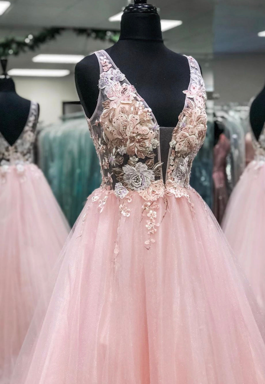 Fall Wedding, Pink V-Neck Tulle Long Prom Dresses, A Line Evening Dresses