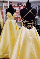 Black Dress Outfit, Yellow Satin Long Prom Dresses, Simple A-Line Evening Dresses