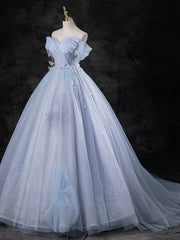 Senior Prom Dress, Blue A-Line Off Shoulder Tulle Long Prom Dress, Blue Formal Dress