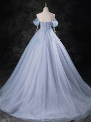 Elegant Gown, Blue A-Line Off Shoulder Tulle Long Prom Dress, Blue Formal Dress